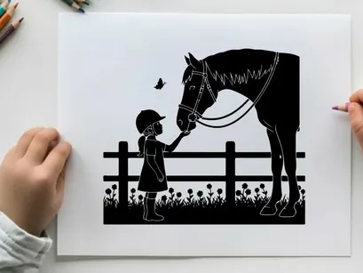 Silhouette of a child and horse by a fence