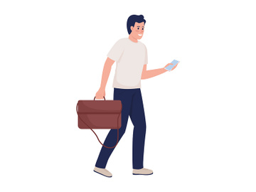 Smiling man with leather handbag and smartphone semi flat color vector character preview picture
