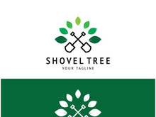 Shovel logo for agriculture, excavation,building, mining foundation. gardening vector set design with leaves