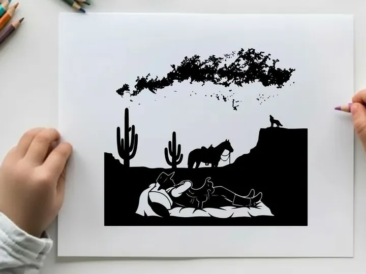 Desert landscape with horse and silhouette figures at sunset