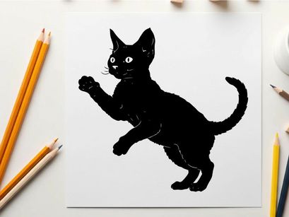 Black cat silhouette with raised paw on white background