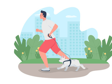 Man running with dog on leash 2D vector web banner, poster preview picture