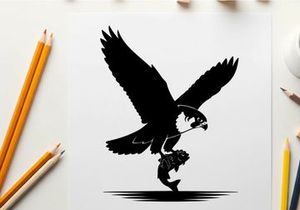 Silhouette of a bird of prey swooping down to catch a fish