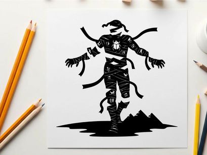 Silhouette of a mystical figure with ribbons and mountains