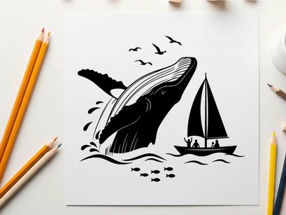 Whale silhouette jumping out of ocean beside sailboat silhouette