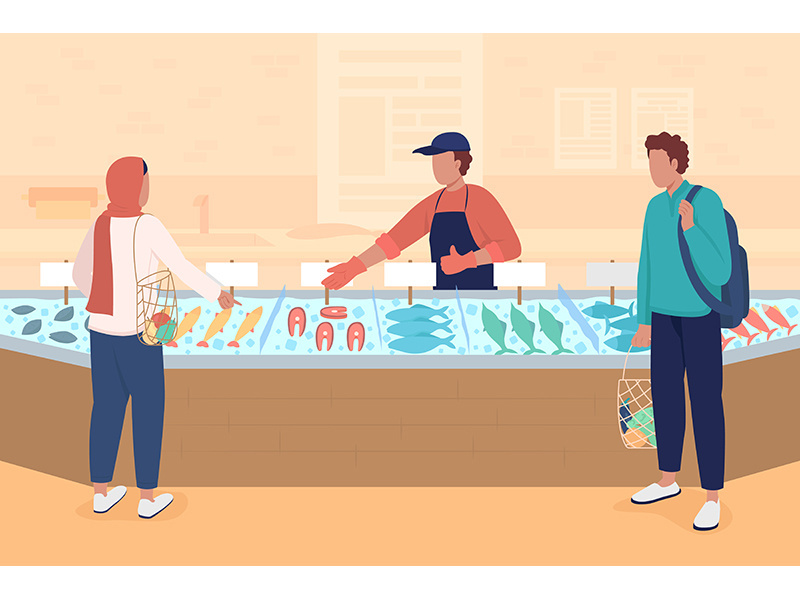 Seafood market flat color vector illustration