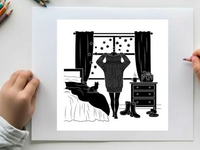 Woman silhouette standing by window in bedroom with cat and boots