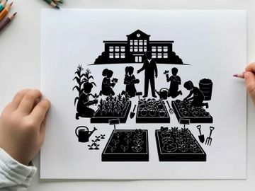 Silhouette of a man and children gardening in front of a school preview picture