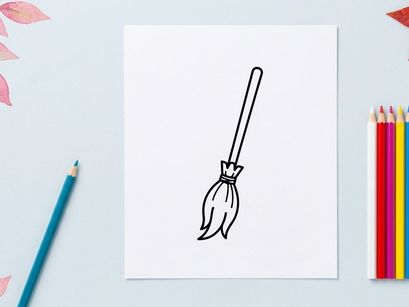 Witch broomstick icon on white background. Halloween magic broom line art illustration.
