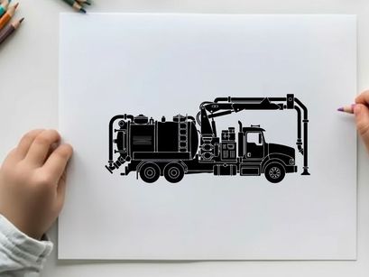 Silhouette of a large industrial vacuum truck with a crane