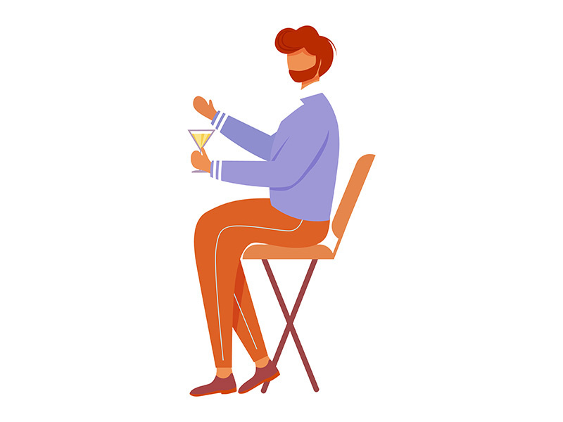 Man with cocktail sitting on chair flat vector illustration.