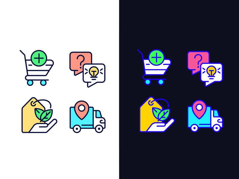 Online shopping services pixel perfect light and dark theme color icons set