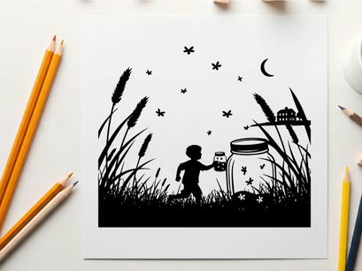 Child releasing fireflies in a serene silhouette landscape at dusk