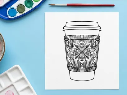 Handgezeichneter Weihnachtskaffee-Becher mit festlichem, verziertem Muster und Deckel für Branding in der Weihnachtszeit