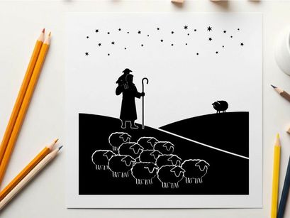 Shepherd and flock in silhouette under starry night sky