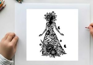 Silhouette of a woman in a floral dress with butterflies and flowers
