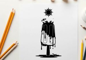 Melting ice cream silhouette under the sun with bird