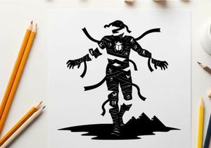 Silhouette of a mystical figure with ribbons and mountains
