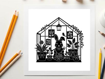 Silhouette of a rabbit in a greenhouse with plants and decorations silhouette