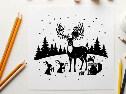 Winter wonderland scene with silhouette of reindeer and friends