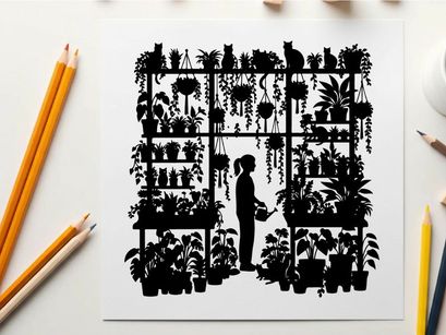 Silhouette of a person surrounded by lush greenery and plants