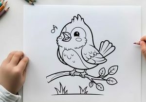Cute singing bird on branch vector illustration