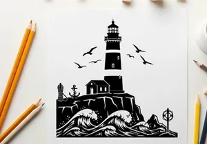 Silhouette of a lighthouse on a rocky cliffside with seagulls