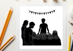 Silhouette of people at a party with bunting and desserts