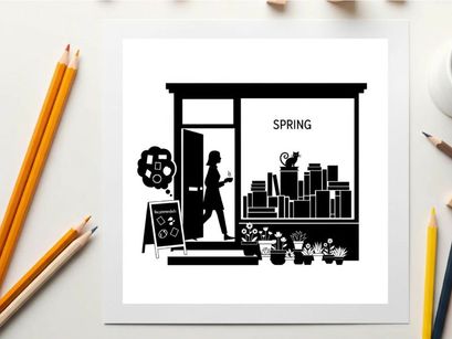 Silhouette of woman entering storefront with spring cityscape and flowers