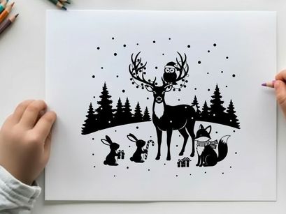 Winter wonderland scene with silhouette of reindeer and friends