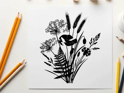 Silhouette of various plants and flowers in black