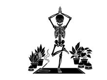Silhouette of a skeleton in yoga pose with plants
