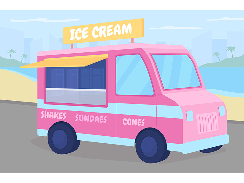 Ice cream truck on beach flat color vector illustration