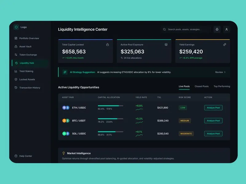 DeFi Liquidity Dashboard UI | Crypto Yield Farming & Asset Intel