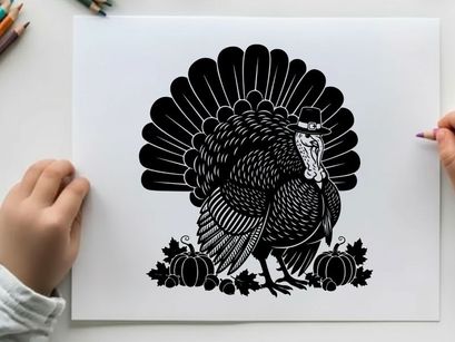 Black and white silhouette of a turkey with pumpkins and leaves
