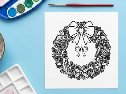 Christmas wreath line art illustration with pine cones and a decorative festive bow