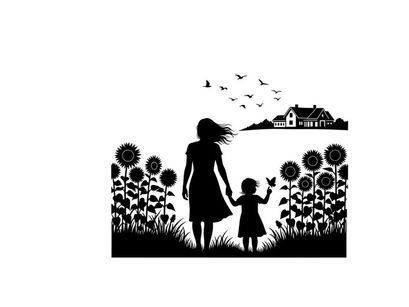 Silhouette of mother and child in dandelion field with birds and house