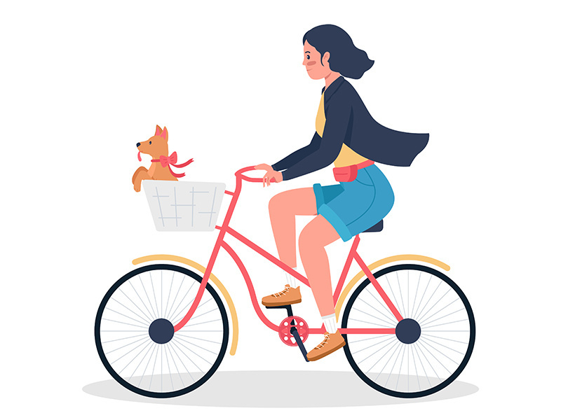 Woman riding on bicycle with puppy in basket flat color vector detailed character