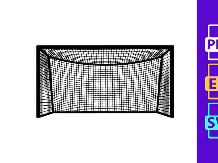 Soccer goal net illustration with black outline on white background