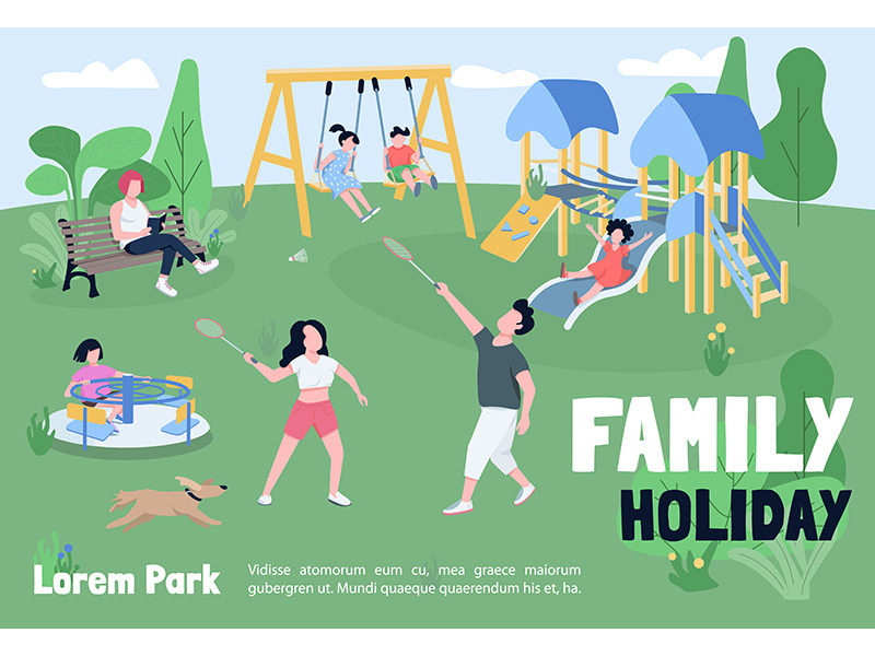 Family holiday in park banner flat vector template