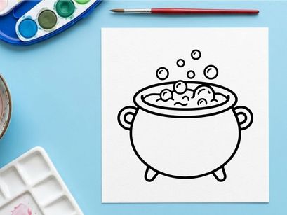 Simmering soup pot with bubbling broth and steam rising. Classic cooking illustration of hot meal preparation in a cauldron.