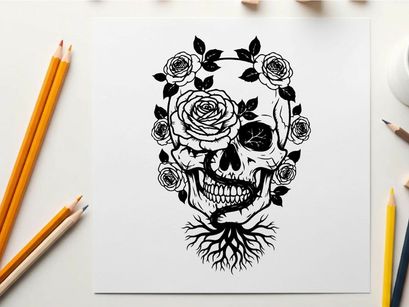 Silhouette of a skull with roses and roots