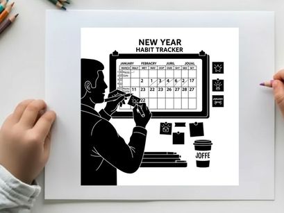Silhouette of a man using a habit tracker on a calendar board silhouette