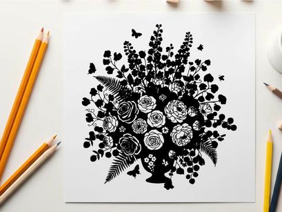 Silhouette of a bouquet with flowers and butterflies