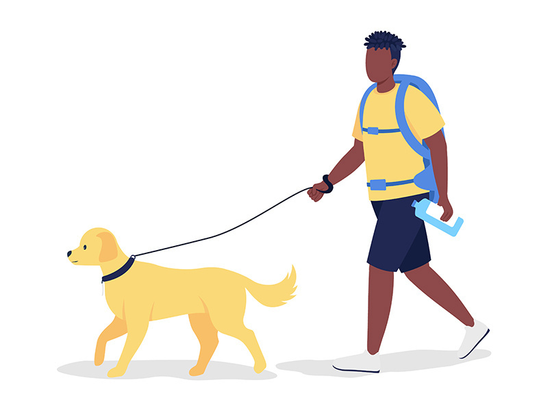 Man with backpack and labrador semi flat color vector character