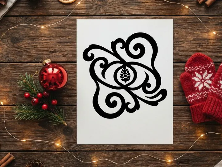 Black pine cone silhouette with elegant floral scrollwork and decorative swirl ornament