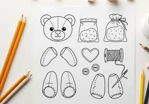 Cute sewing kit items and teddy bear flat design vector illustration