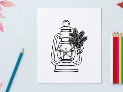 Ilustrasi seni garis lentera Natal dengan cabang-cabang pinus dan hiasan pita meriah