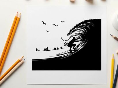 Surfer riding giant wave in silhouette at sunset beach