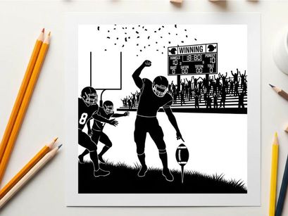 Silhouette of a football player celebrating a touchdown with confetti